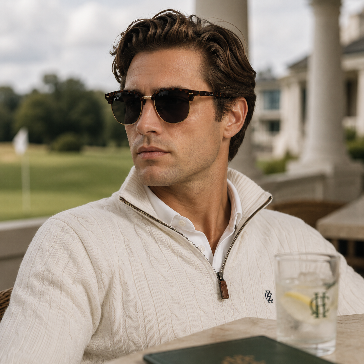 Man wearing sunglasses and a beige sweater sitting outdoors with a drink and book.