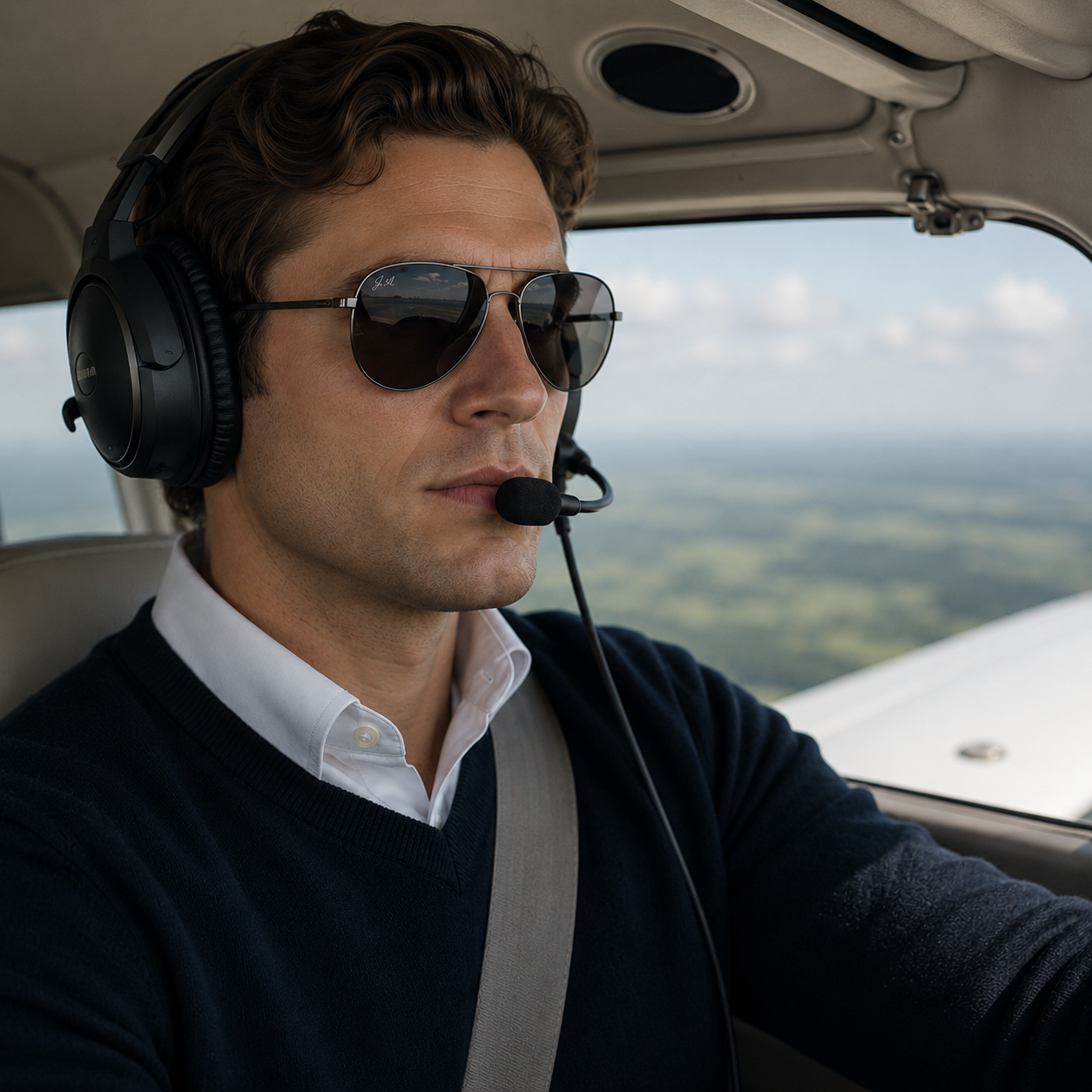 Man wearing sunglasses and headphones inside an airplane cockpit