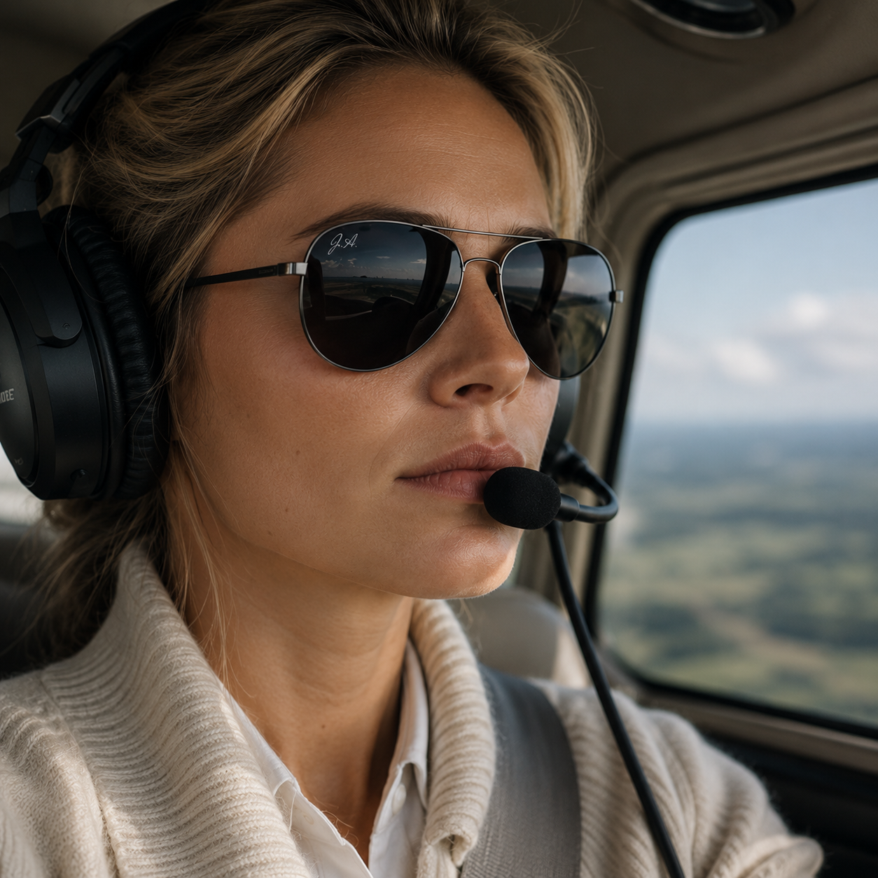 Woman wearing sunglasses and headphones inside an aircraft, looking out the window with a scenic view outside.