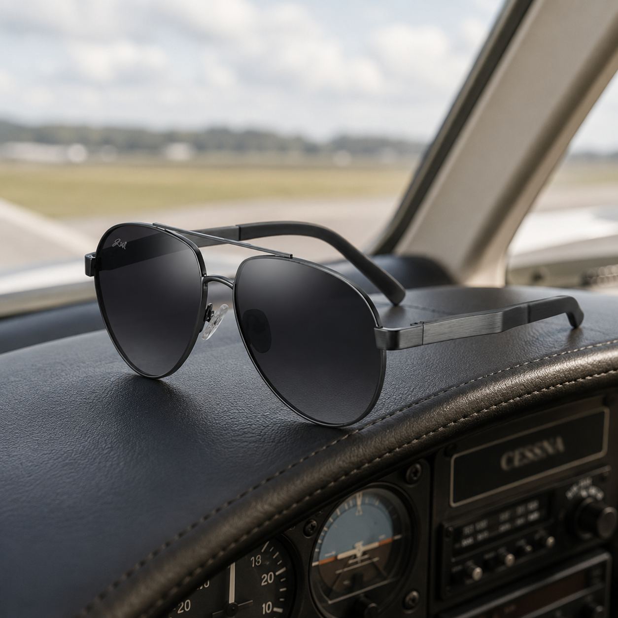 Sunglasses on a plane dashboard with a airport outdoor background