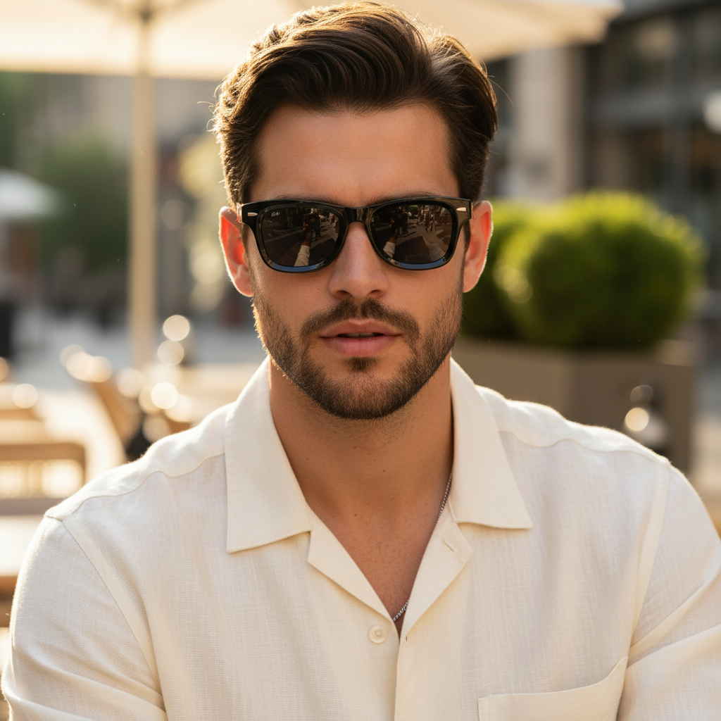 Man wearing sunglasses and a light-colored shirt outdoors