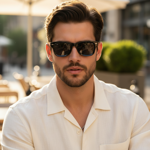 Man wearing sunglasses and a light-colored shirt outdoors