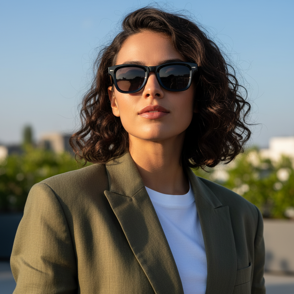 Woman wearing sunglasses and a green blazer with a blurred outdoor background