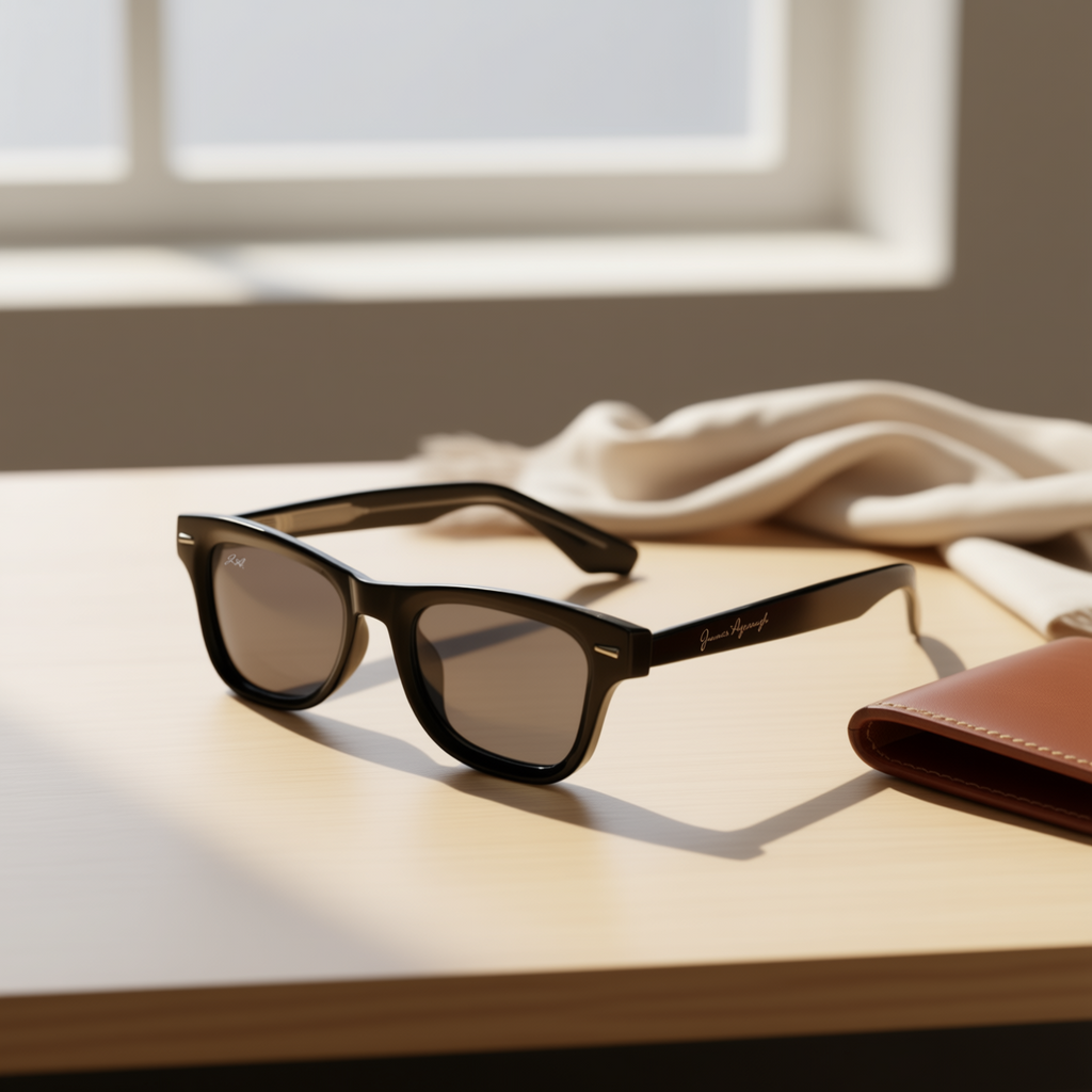 Sunglasses on a table with a window in the background