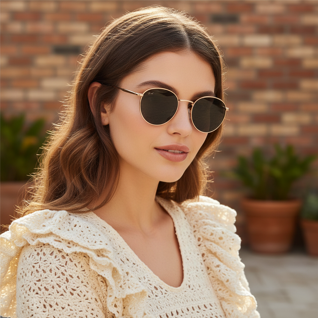 Retro 70s Female Lifestyle – Retro Round Gold Sunglass